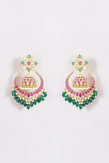 Gold Finish Pachi Kundan Polki Chandbali Earrings