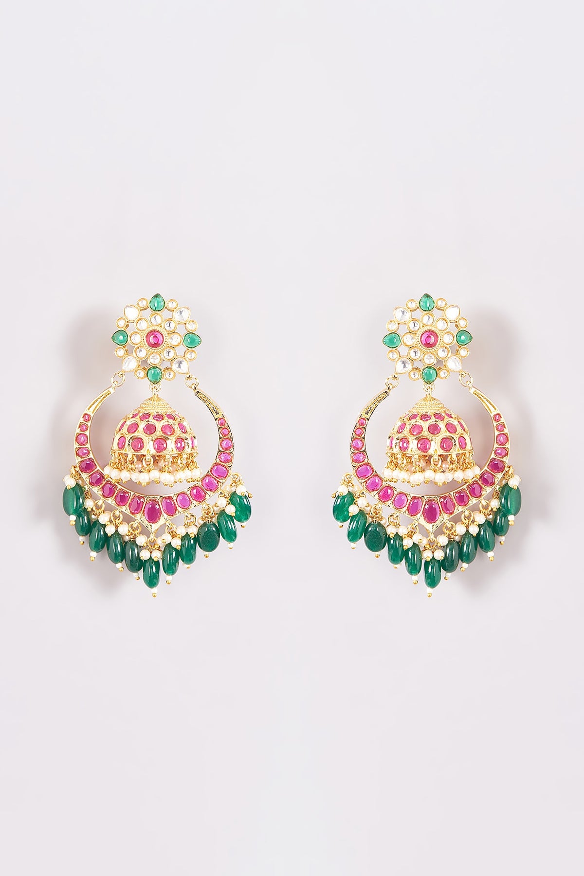 Gold Finish Pachi Kundan Polki Chandbali Earrings