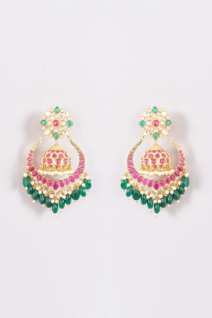 Gold Finish Pachi Kundan Polki Chandbali Earrings