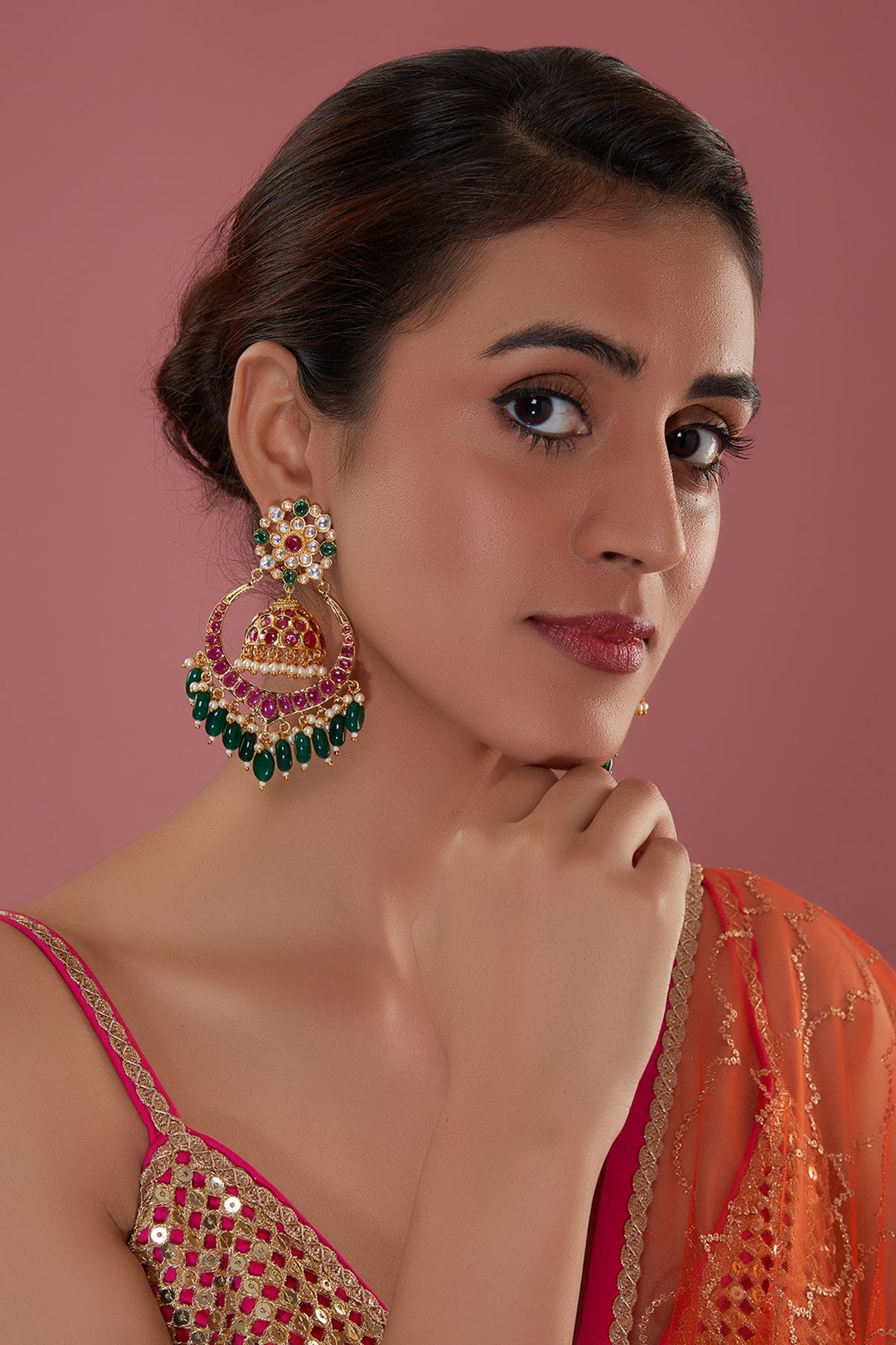 Gold Finish Pachi Kundan Polki Chandbali Earrings