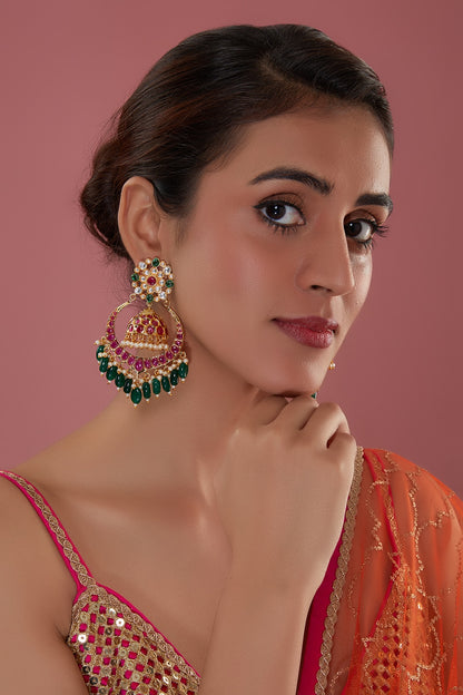 Gold Finish Pachi Kundan Polki Chandbali Earrings