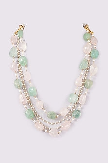 Gold Finish Mint & Pink Tumble Stone Long Necklace