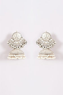 Silver Finish Kundan Polki & Beaded Jhumka Earrings