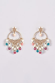 Gold Finish Kundan Polki & Multi-Colored Beaded Chandbali Earrings