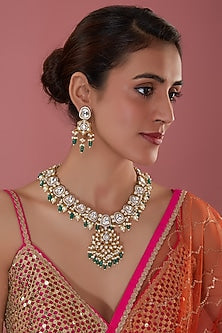 Gold Finish Kundan Polki Long Necklace Set