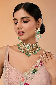Gold Finish Kundan Polki & Mint Green Stone Choker Necklace Set