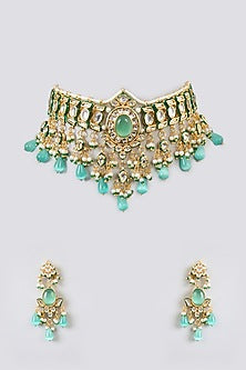 Gold Finish Kundan Polki & Mint Green Stone Choker Necklace Set