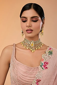Gold Finish Kundan Polki & Pastel Yellow Stone Choker Necklace Set