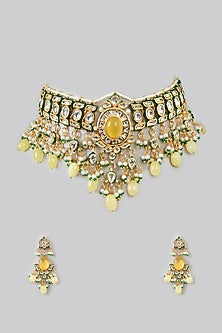 Gold Finish Kundan Polki & Pastel Yellow Stone Choker Necklace Set
