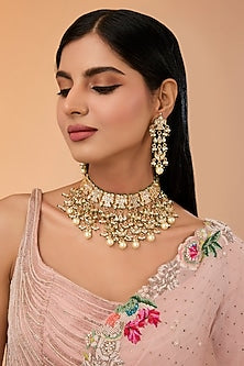 Gold Finish Kundan Polki & Pearl Choker Necklace Set