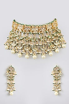 Gold Finish Kundan Polki & Pearl Choker Necklace Set
