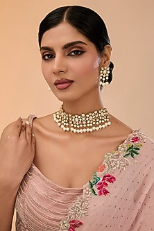 Gold Finish Kundan Polki & Pearl Choker Necklace Set