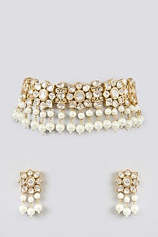 Gold Finish Kundan Polki & Pearl Choker Necklace Set