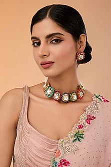 Gold Finish Kundan Polki & Multi-Colored Stone Choker Necklace Set