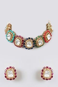 Gold Finish Kundan Polki & Multi-Colored Stone Choker Necklace Set