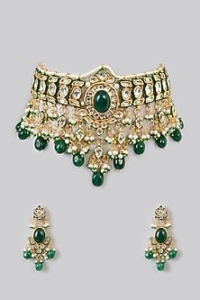Gold Finish Kundan Polki & Green Stone Choker Necklace Set