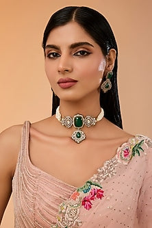 Gold Finish Kundan Polki & Green Stone Choker Necklace Set