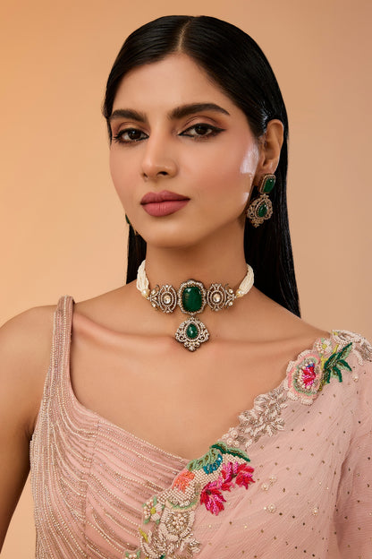 Gold Finish Kundan Polki & Green Stone Choker Necklace Set