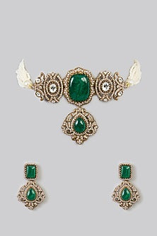 Gold Finish Kundan Polki & Green Stone Choker Necklace Set