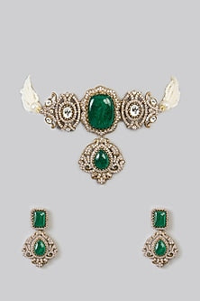 Gold Finish Kundan Polki & Green Stone Choker Necklace Set