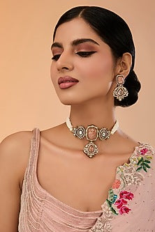 Gold Finish Kundan Polki & Peach Stone Choker Necklace Set