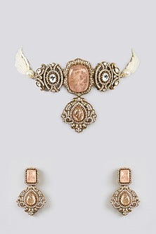 Gold Finish Kundan Polki & Peach Stone Choker Necklace Set