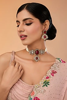 Gold Finish Kundan Polki & Red Stone Choker Necklace Set