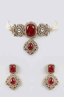 Gold Finish Kundan Polki & Red Stone Choker Necklace Set