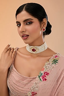 Gold Finish Cubic Zirconia & Fine Pearl Choker Necklace Set