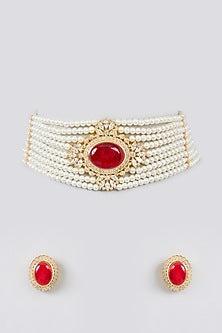 Gold Finish Cubic Zirconia & Fine Pearl Choker Necklace Set