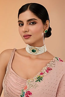 Gold Finish Cubic Zirconia & Fine Pearl Choker Necklace Set