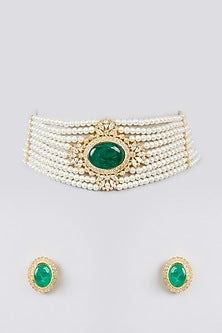 Gold Finish Cubic Zirconia & Fine Pearl Choker Necklace Set