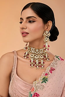 Gold Finish Pachi Kundan Polki & Red Stones Choker Necklace Set