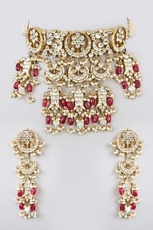 Gold Finish Pachi Kundan Polki & Red Stones Choker Necklace Set