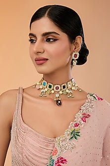 Gold Finish Kundan Polki & Multi-Colored Stone Choker Necklace Set
