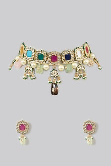 Gold Finish Kundan Polki & Multi-Colored Stone Choker Necklace Set
