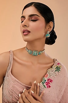 Gold Finish Kundan Polki & Blue Carved Stone Choker Necklace Set