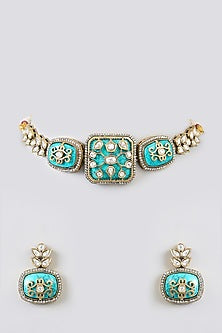 Gold Finish Kundan Polki & Blue Carved Stone Choker Necklace Set