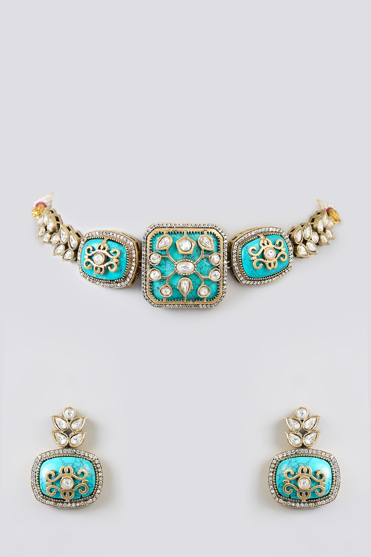 Gold Finish Kundan Polki & Blue Carved Stone Choker Necklace Set