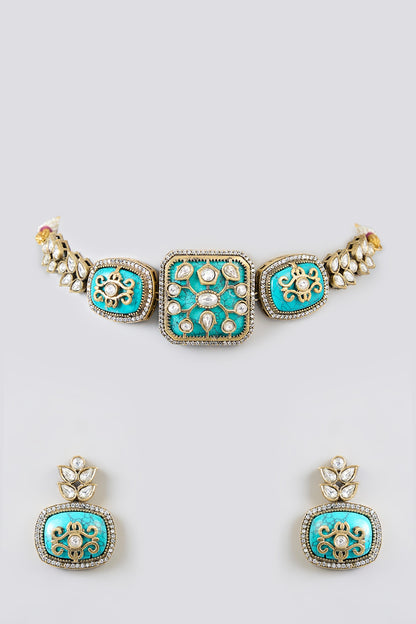Gold Finish Kundan Polki & Blue Carved Stone Choker Necklace Set