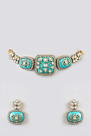 Gold Finish Kundan Polki & Blue Carved Stone Choker Necklace Set