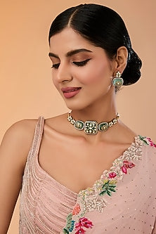 Gold Finish Kundan Polki & Green Carved Stone Choker Necklace Set