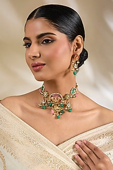 Gold Finish Kundan Polki & Beaded Choker Necklace Set