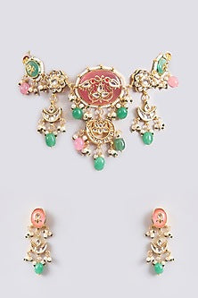 Gold Finish Kundan Polki & Beaded Choker Necklace Set