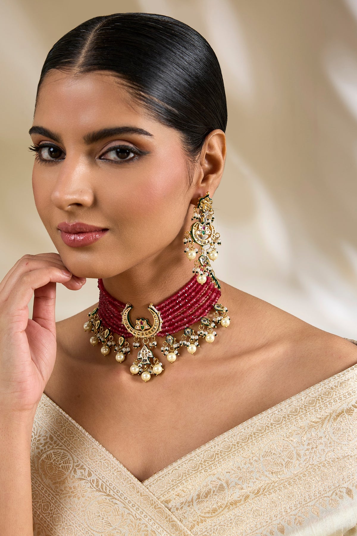 Gold Finish Kundan Polki & Red Beaded Choker Necklace Set