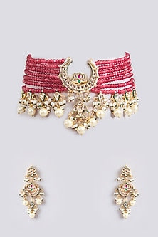 Gold Finish Kundan Polki & Red Beaded Choker Necklace Set