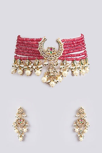 Gold Finish Kundan Polki & Red Beaded Choker Necklace Set