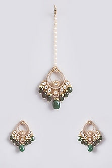Gold Finish Kundan Polki & Green Beaded Chandbali Earrings With Maang Tikka