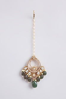 Gold Finish Kundan Polki & Green Beaded Chandbali Earrings With Maang Tikka