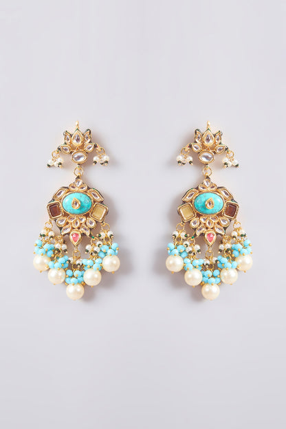 Gold Finish Kundan Polki & Turquoise Beaded Dangler Earrings